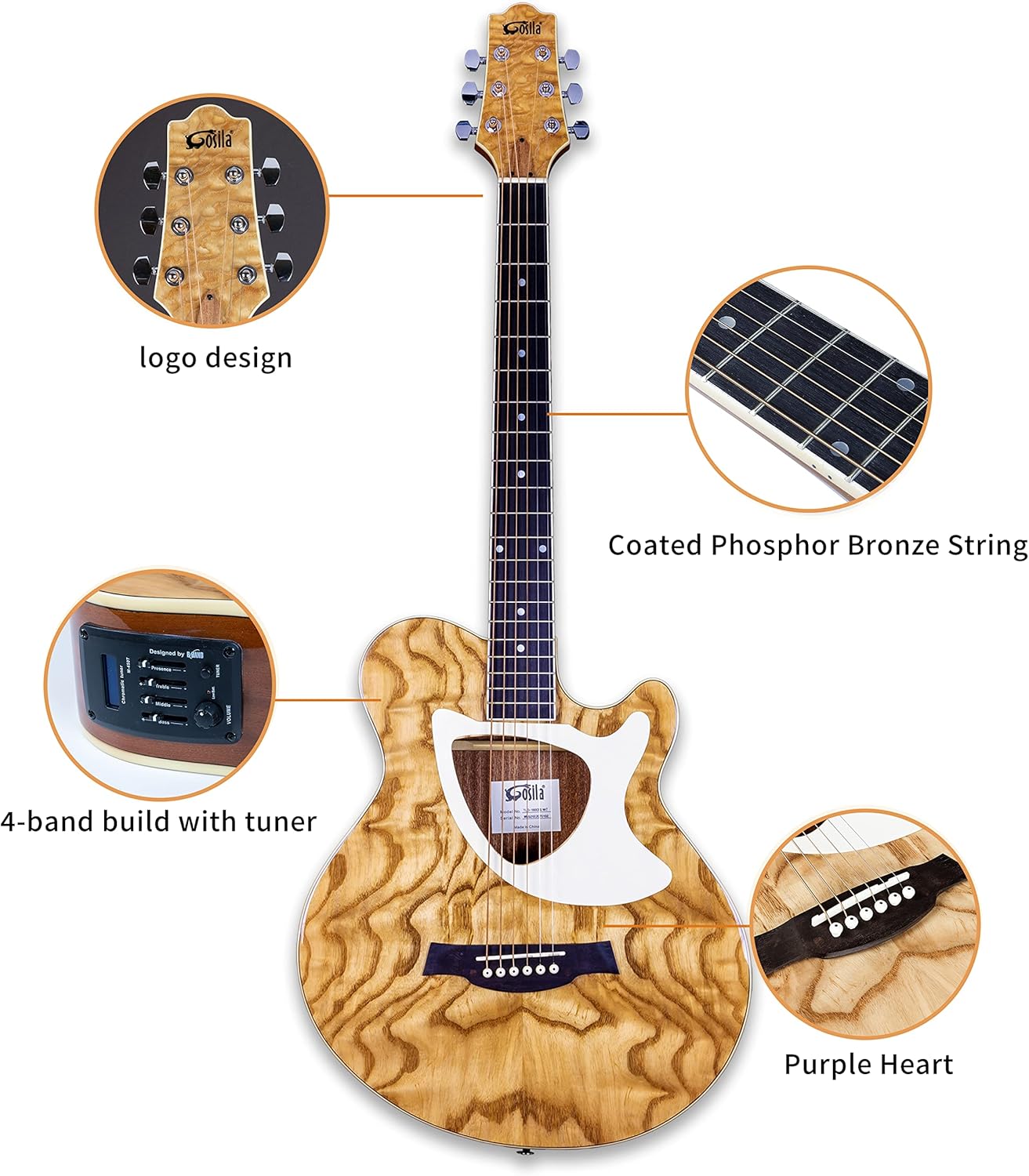 39“ Acoustic Electric Cutaway Guitar, Thin Body, Built-In Tuner,ashwood gloss natural finish body