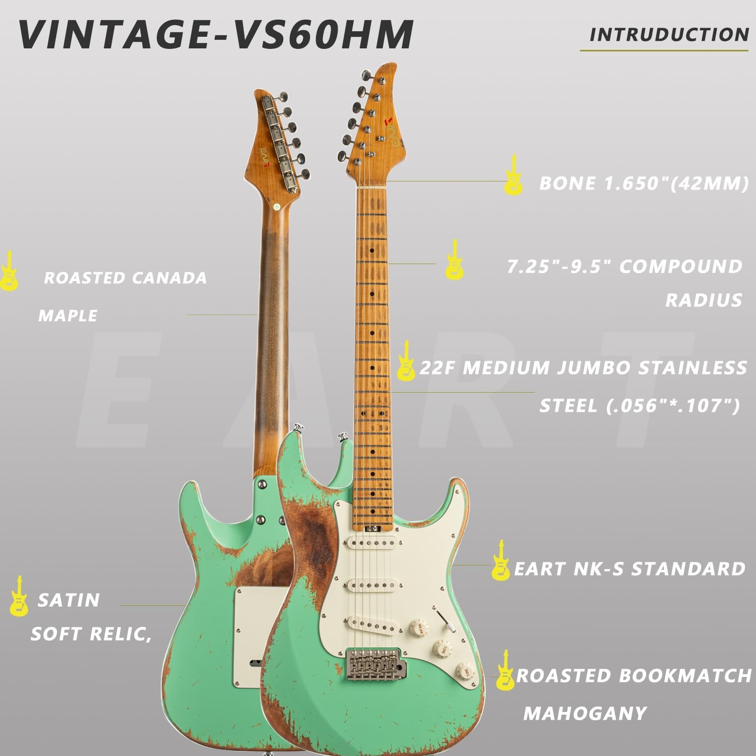 EART Vintage-VS60HM 6 String Medium Relic Solid-Body Size Roasted Canada Maple Relic Finish VS60 Pickups 6-Point Synchronized Tremolo Bridge Electric Guitar for Blues, Classics,Right Hand