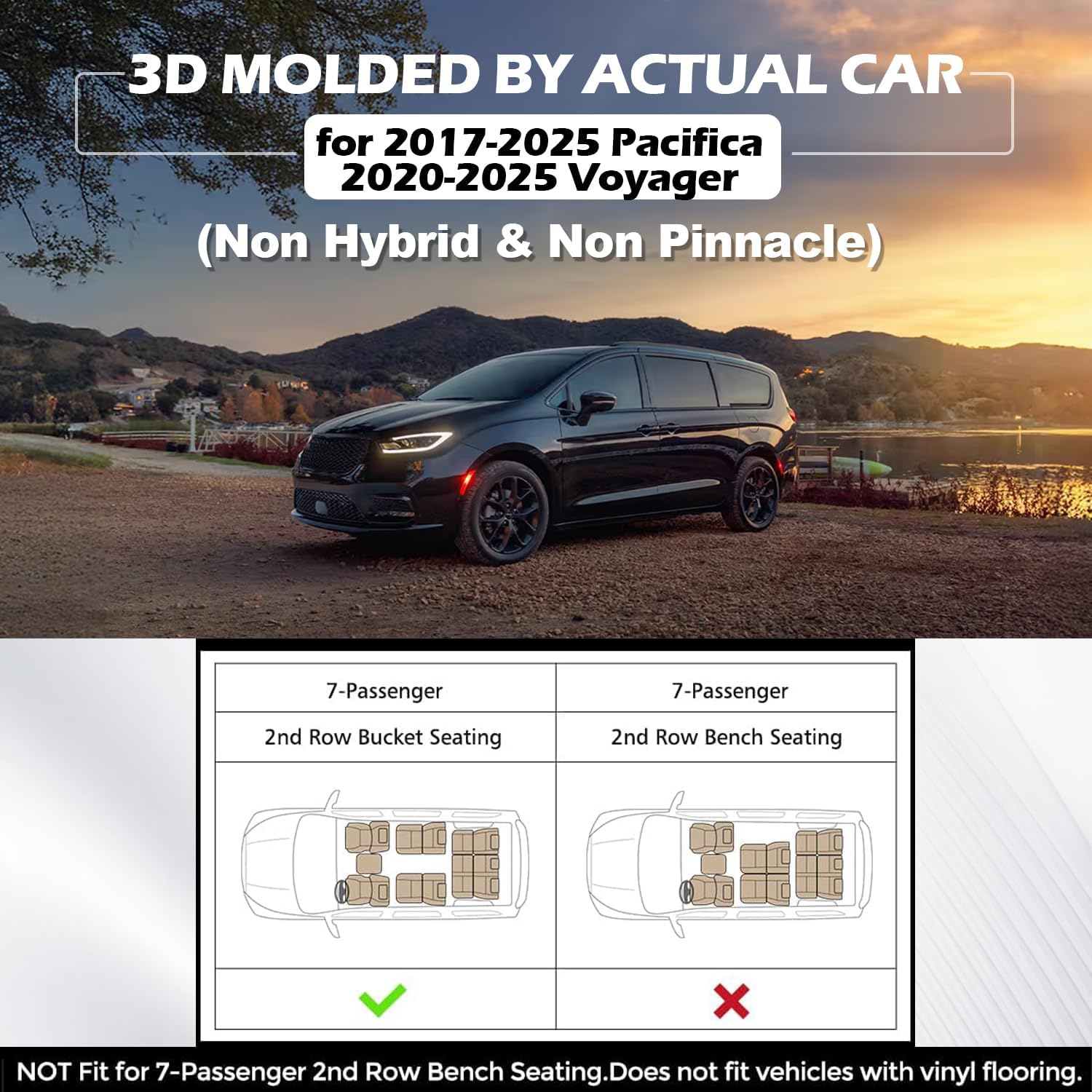 Floor Mats & Cargo Liner & Backrest Mat Fit for 2017-2026 Chrysler Pacifica 7 Passenger Model (Non Hybrid & Non Pinnacle) & 2020-2026 Voyager: All Weather Floor Mats Pacifica Accessories Trunk mat
