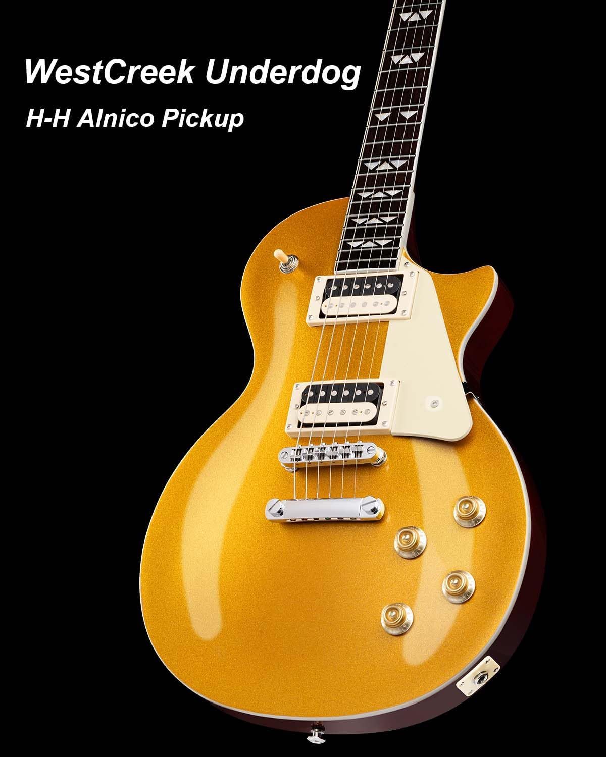 WestCreek Underdog Solid Body Electric Guitar, Mahogany Body, Maple Neck, Rosewood Fretboard, Rounded End Frets, Bone Nut, 22 Frets (Golden)