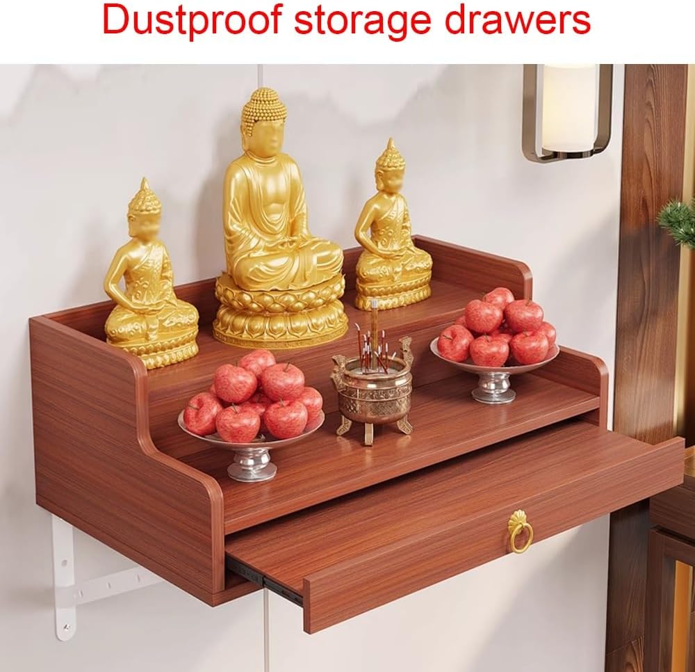 Space-Saving Stepped Buddha Altar Shelf Wall-Mounted/Countertop Sacred Shelf for Buddha Statues & Offerings Wall Cabinet Buddha Cabinet Niche with Drawer(Teak,11.8in)