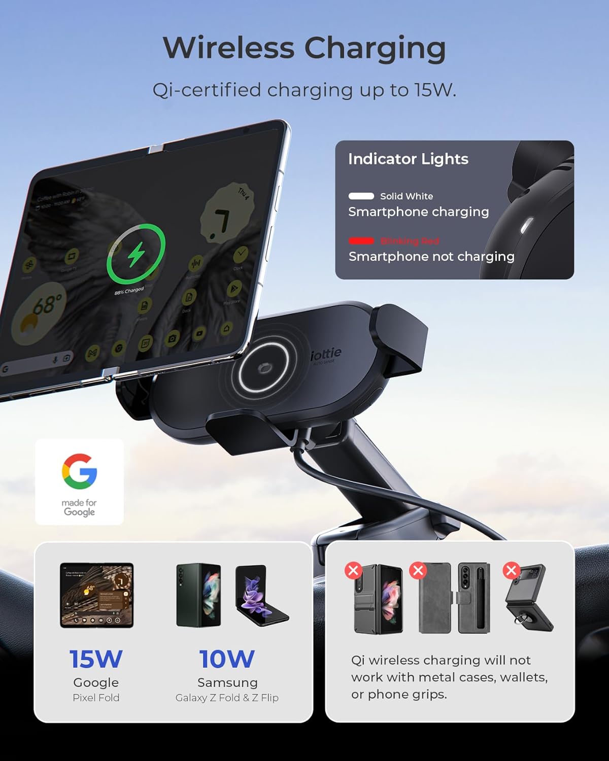 iOttie Auto Sense 2 Fold Qi Wireless Car Charger -Wireless Charging Automatic Clamping Dashboard Car Phone Mount for Google Pixel Fold, Galaxy Z Fold 4, Galaxy Z Flip 4, Other Foldable Smartphones