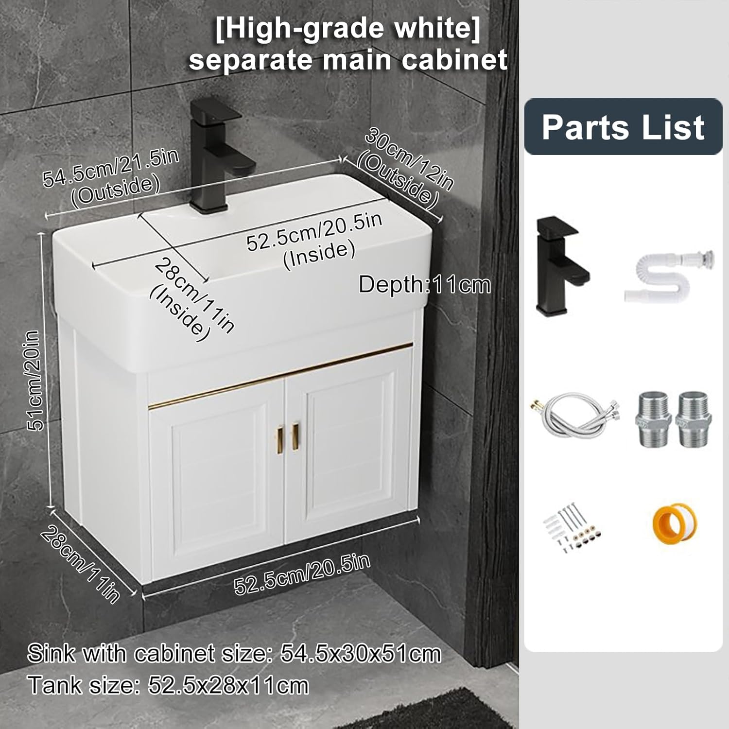 Vitreous China Bathroom Sink Bathroom Vanity Cabinet Wall Mount Sink with Faucet and Drain Combo Bathroom Small Wall Mount Rectangle Corner Sink for Small Space Bathroom,54.5X30X51CM