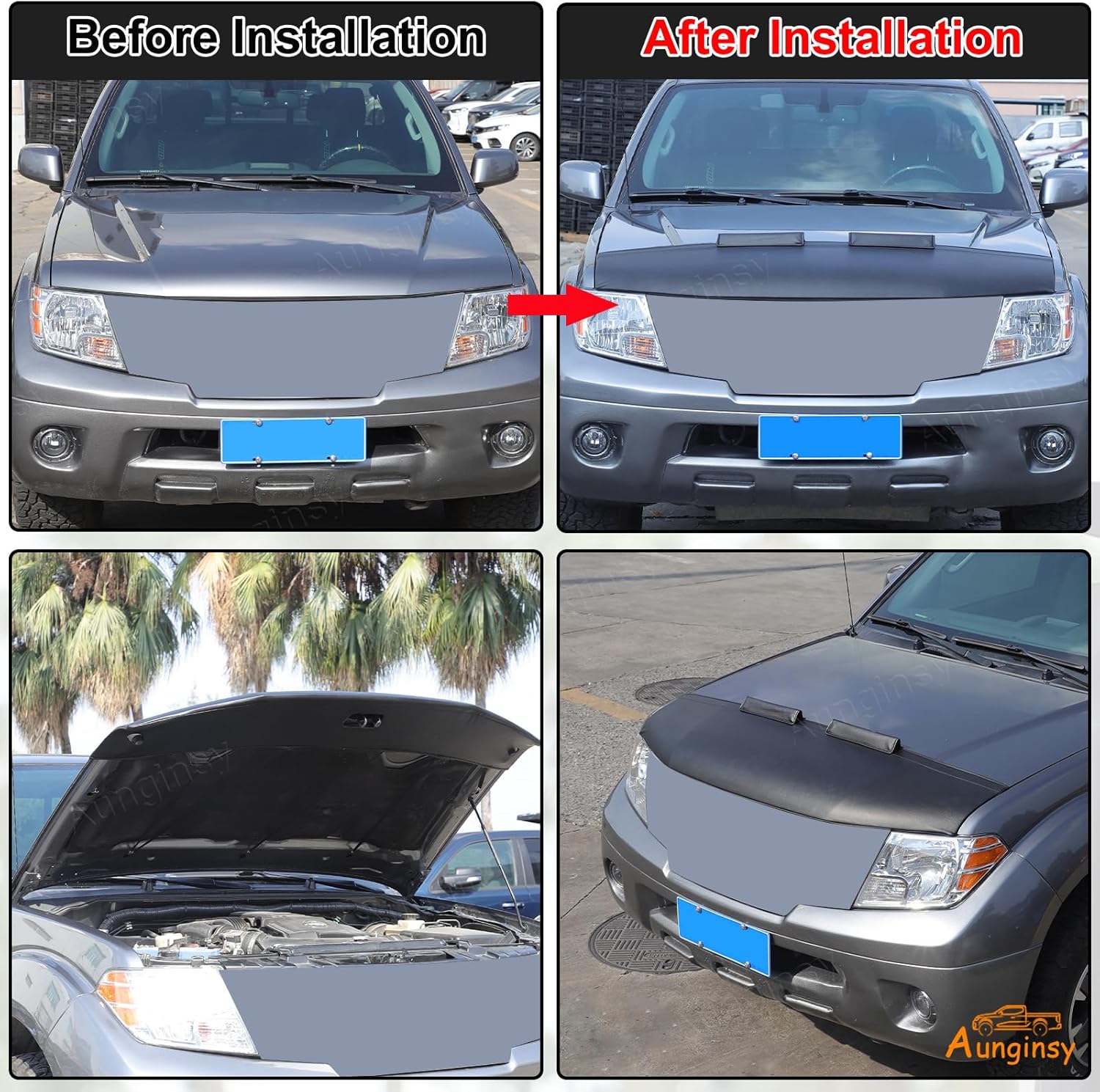 Aunginsy Car Hood Protector Bra Compatible with Nissan Frontier 2013-2021, Pickup Front Engine Hood Black Leather Protector Cover Half Hood Bonnet Bra Car Front Mask Hood Shield Exterior Accessories