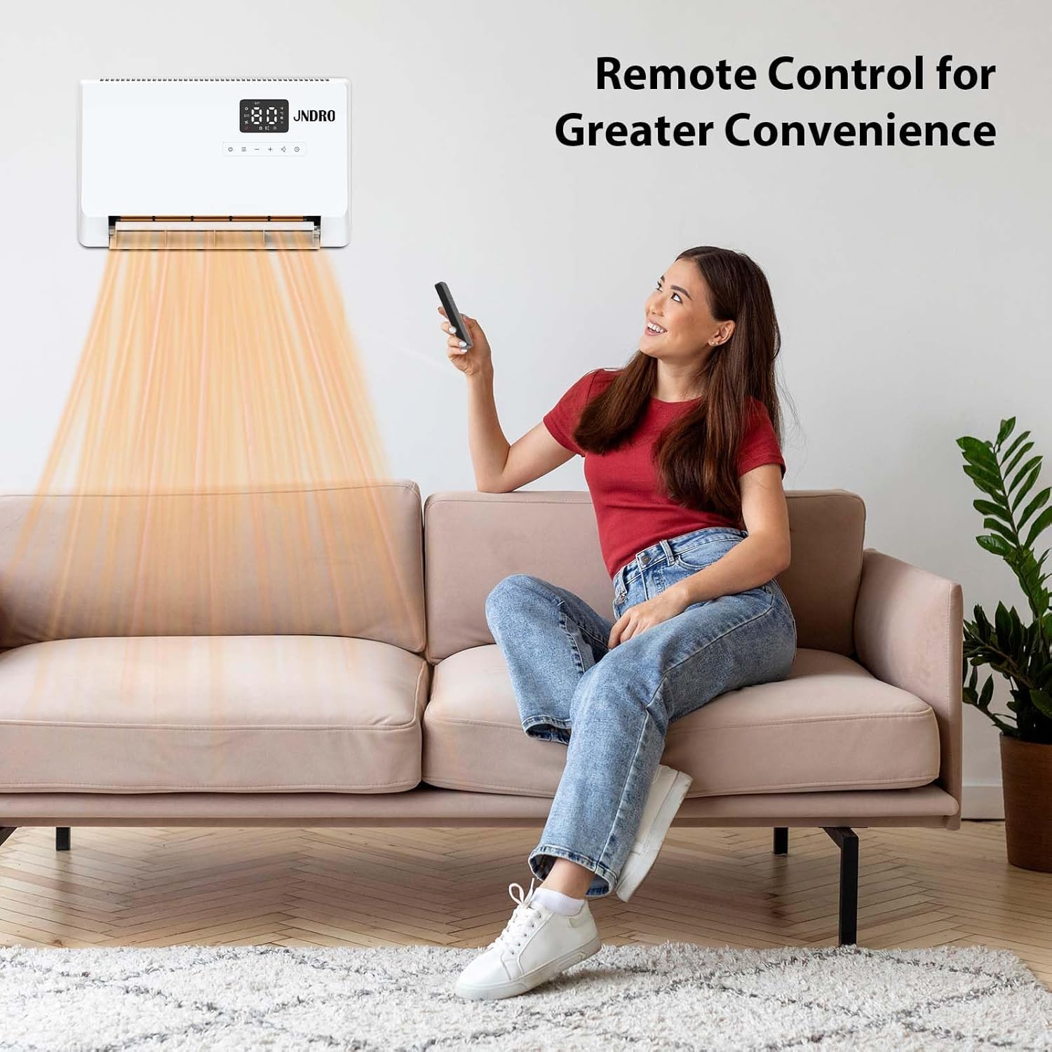 Wall-Mounted Space Heater with ECO Thermostat and Remote Control, LED Display, 60°/90°/120° Oscillation Modes, 24-Hour Timer, Indoor Electric Space Heater
