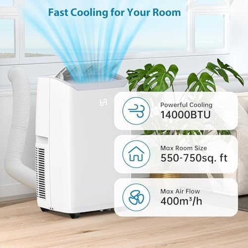 14,000 BTU Portable Air Conditioner, 3-in-1 Remote Control AC with 24-Hour Timer, Cooling/Dehumidifying/Fan/Low Noise/Energy Efficient, Office Cooling up to 750 Sq. Ft. for Bedrooms, Offices, White