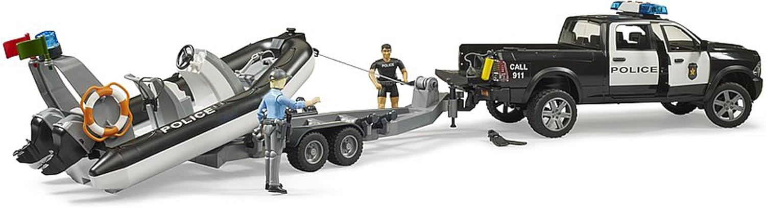 Bruder RAM 2500 Police Pickup with L + S Module Trailer, Boat and 2 Figures