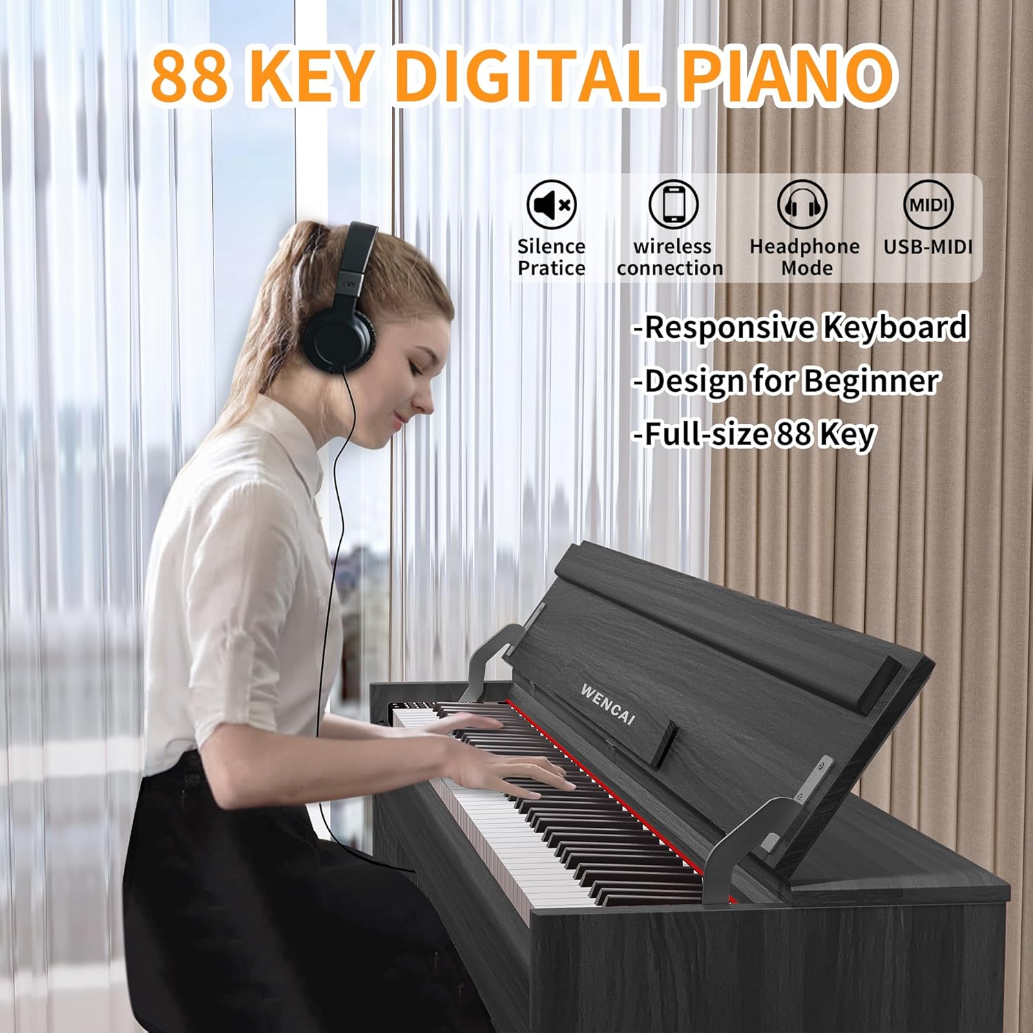 WENCAI 88 Key Electric Piano Velocity-Sensitive Keyboard, 88 Keys Home Upright Digital Pianos, Wooden Electronic Piano for Beginner Adult with 3 Pedals, Supports USB-MIDI/Wireless Connect, Black
