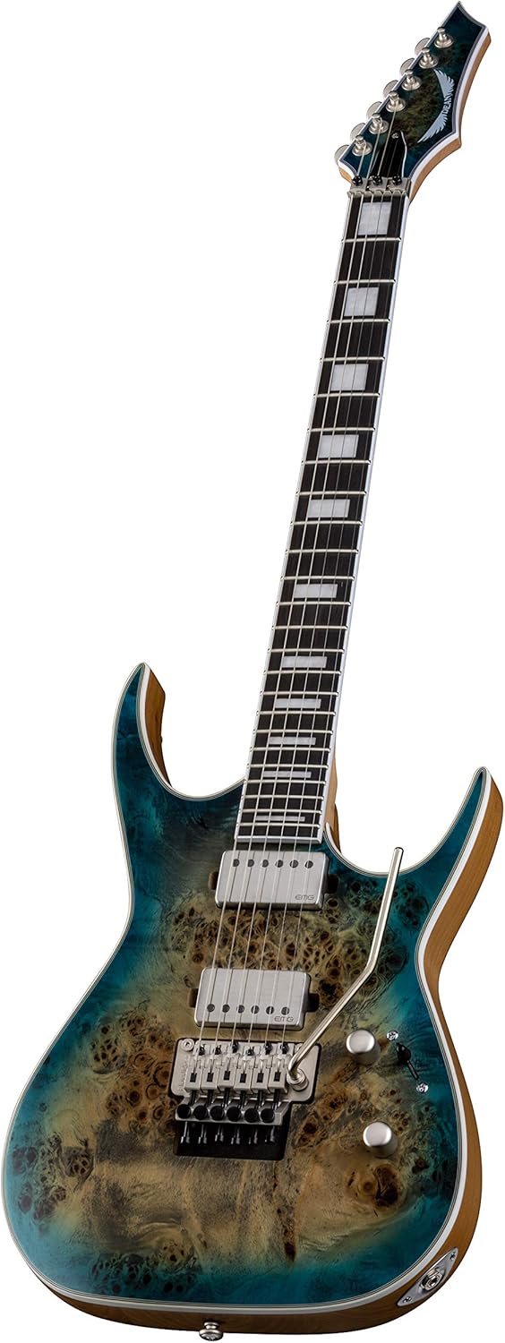 Dean Guitars Exile Select Floyd Rose 6 String Burl Poplar Electric Guitar, Right, Satin Turquoise Burst (EXILEF BRL STQB)