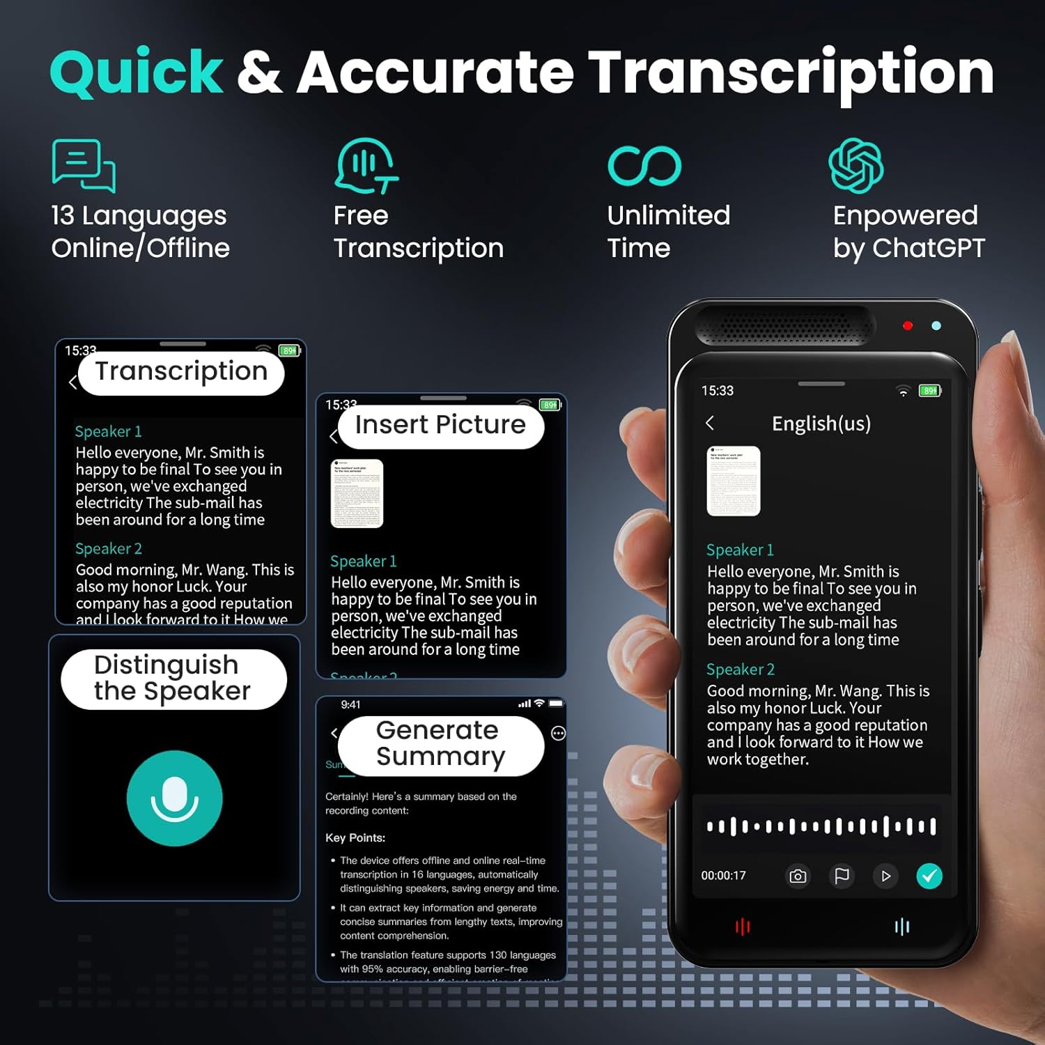 AI Voice Recorder, 80GB Digital Voice Recorder with Free Transcription, Summarize, Translation Base on AI Technology, Online Offline Work, Support 134 Languages, AI Recorder for Lectures, Meetings