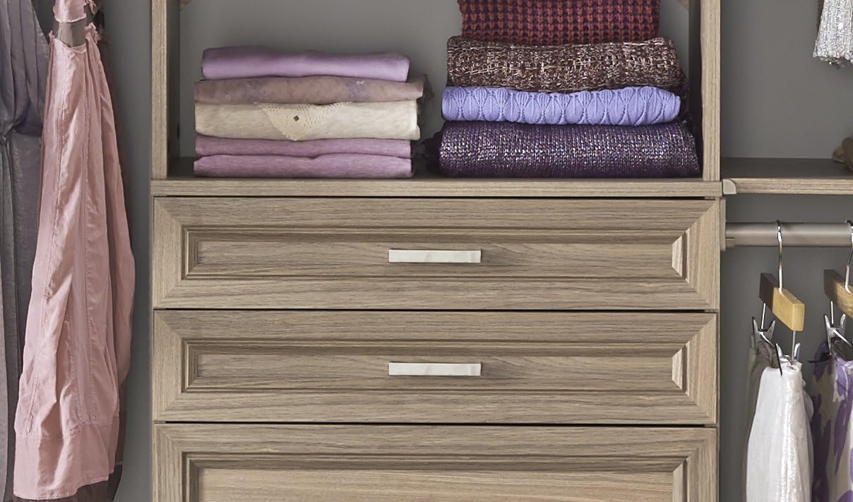 ClosetMaid SuiteSymphony Wood Closet Drawer, Add On Accessory, Shaker Style, for Storage, Closet, Clothes, 25” x 5” Size for 25 in. Units, Natural Gray/Satin Nickel