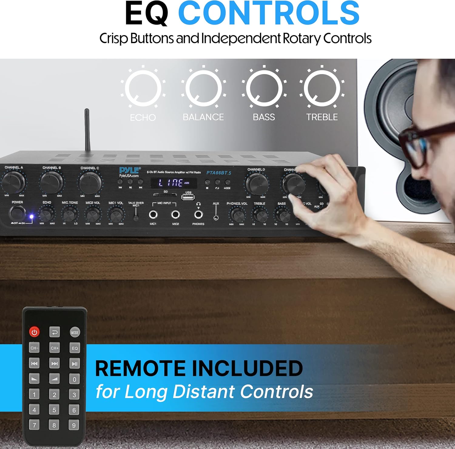 Pyle Wireless Home Audio Amplifier System Bluetooth Compatible Sound Stereo Receiver Amp - 6Channel 600Watt Power, Digital LCD, Headphone Jack, 1/4'' Microphone in USB SD AUX RCA FM Radio- PTA66BT.5