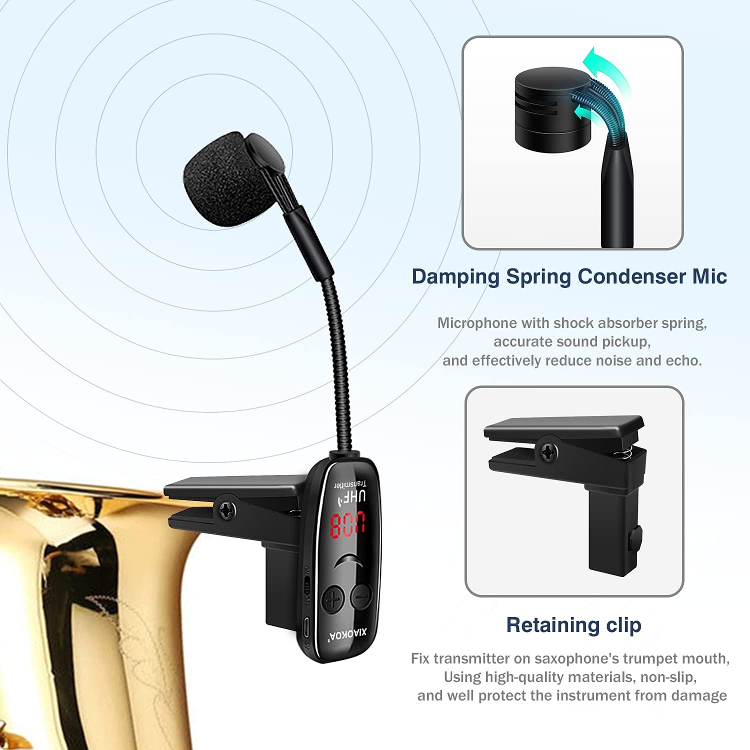 Wireless Saxophone Microphone, UHF Microphones for Sax, Charging Clip Mic with Digital Display, for Trumpet Tuba Trombone Cornet FrenchHorn Instrument Practice Teaching Street Bars Stage Performance