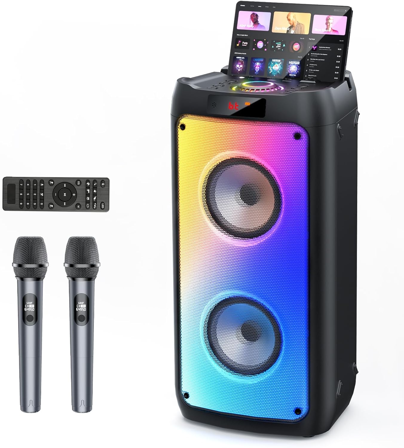 Karaoke Machine with 2 Wireless Microphones, Portable Bluetooth Speaker for Adults & Kids, Big Party PA System with Disco Lights for Gatherings, Stage Monitors, The Best Gifts for All