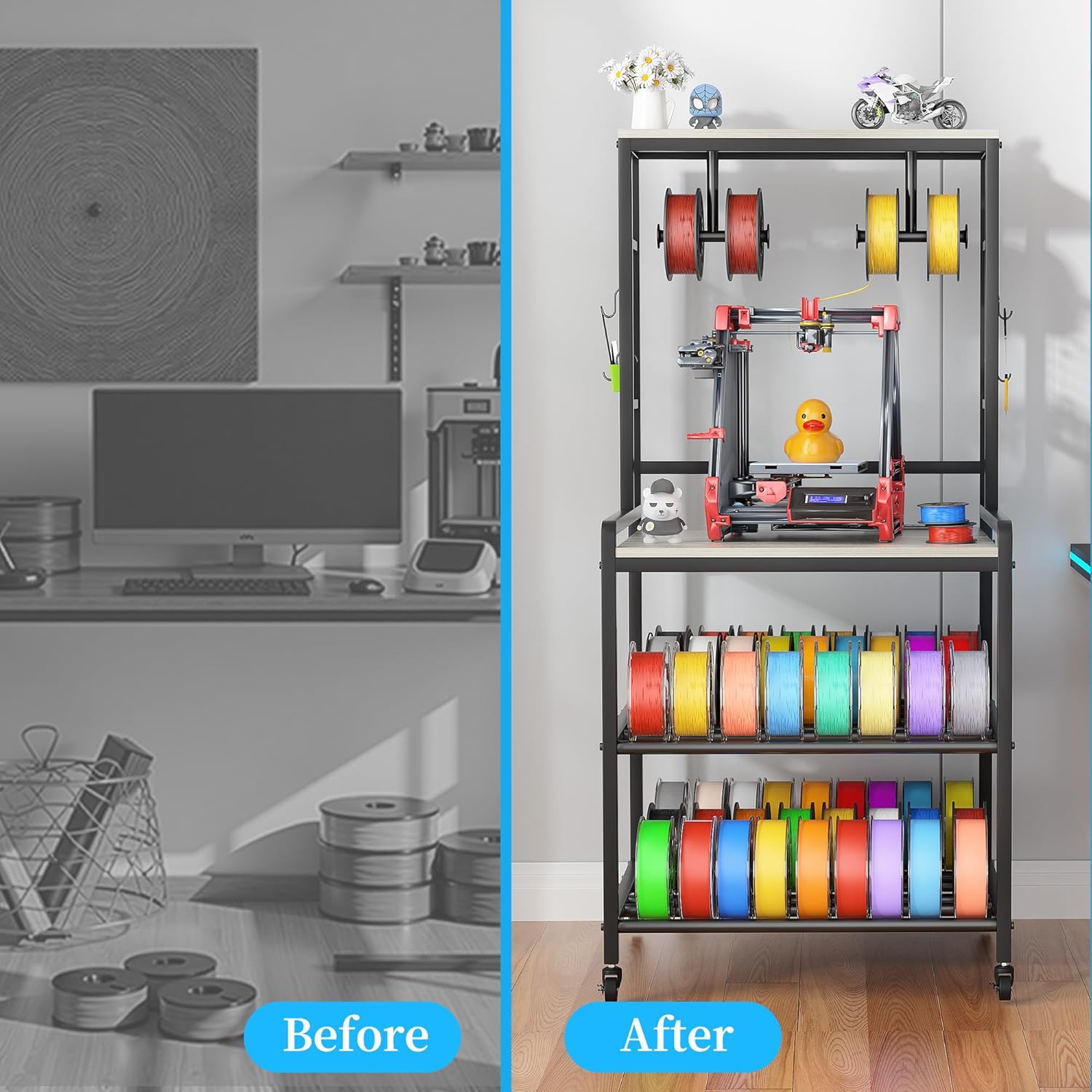 3D Printer Stand with Filament Storage, Heavy Duty 3D Printer Table with Charging Station, Rolling Printer Cart Filament Storage Rack for PLA, ABS, PETG for Workshop/Office/Garage (Gray)