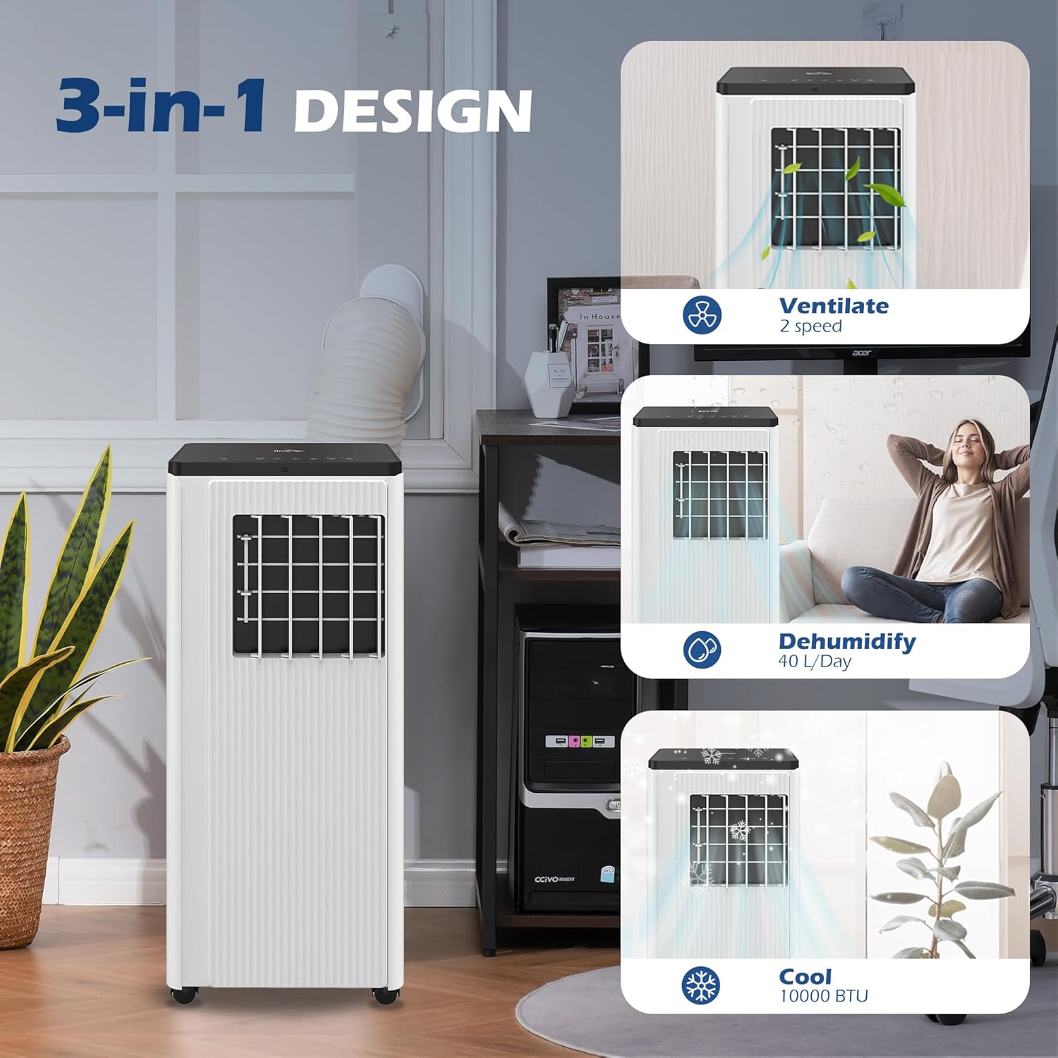 HOMCOM 10000 BTU Smart WiFi Enabled Portable Air Conditioner for Rooms Up to 237 Sq. Ft., 3-in-1 Moible AC Unit with Dehumidifier, Fan, Sleep, App & Remote, 24H Timer, Window Installation Kit, White