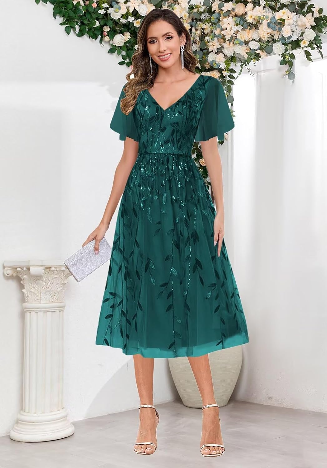 Sukleet Tea Length Sparkly Mother of The Bride Dresses for Women V Neck Flutter Sleeve Sequin Cocktail Party Dress