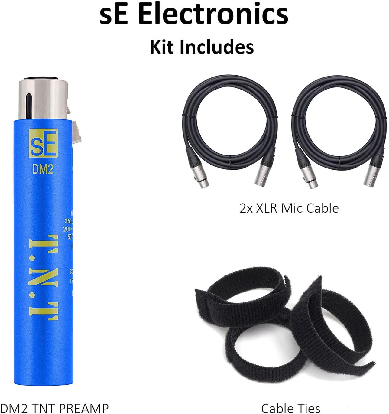 SE Electronics Dynamite Active In-line Mic Preamp with Selectable Gain and Impedance with 2 XLR Mic Cables XLR-M to XLR-F and 7-pack Reusable Cable Ties
