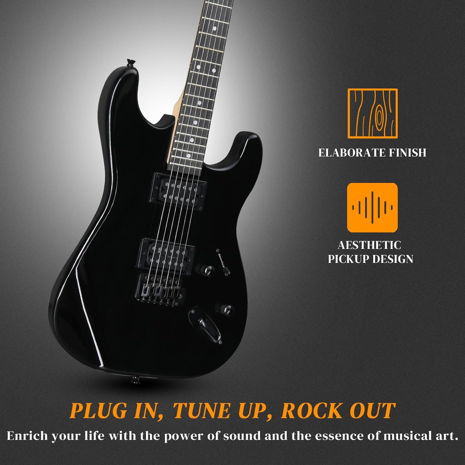 Ktaxon 39 Inch Electric Guitar, Full-Size Solid Body Electric Guitars Kit with Thickened Bag, H-H Pickups, Capo, Upgrade Cable for Beginners, Intermediate & Professional (Bright Black)