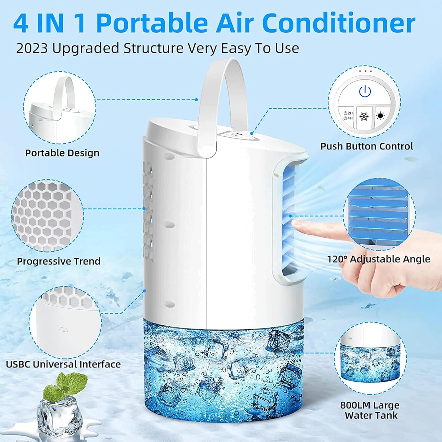 Personal Portable Air Conditioner - USB Cooler, Evaporative Mini Air Conditioner with 3 Speeds, 7 Colors Light Personal Air Conditioner, 400ml Water Tank Evaporative for Room Office Desk