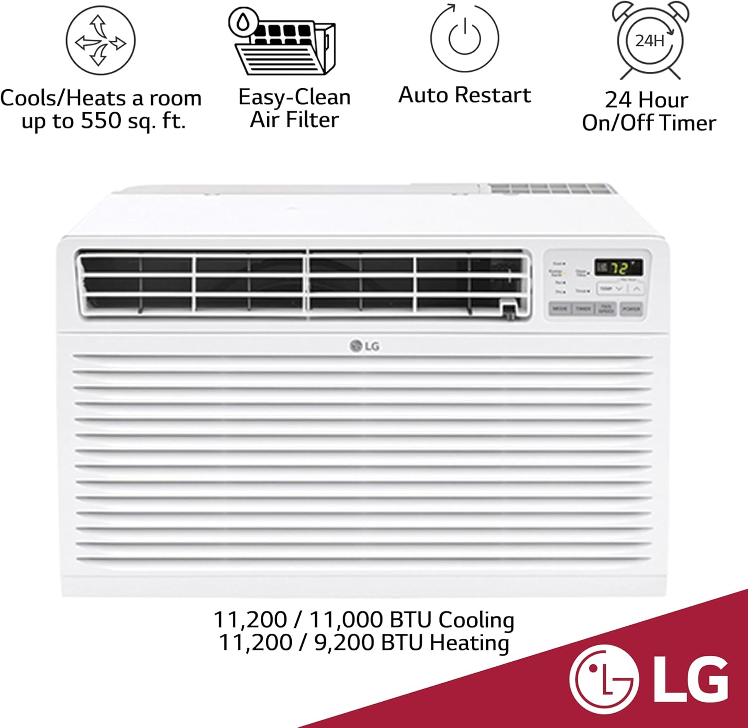 LG 11,800 BTU Through the Wall Air Conditioner and Wall Heater, 230/208V, Cools 550 Sq.Ft. (22' x 25' Room Size), Perfect for Bedroom, AC Heater Unit with Remote, Multiple Speeds, 4-Way Air Deflection