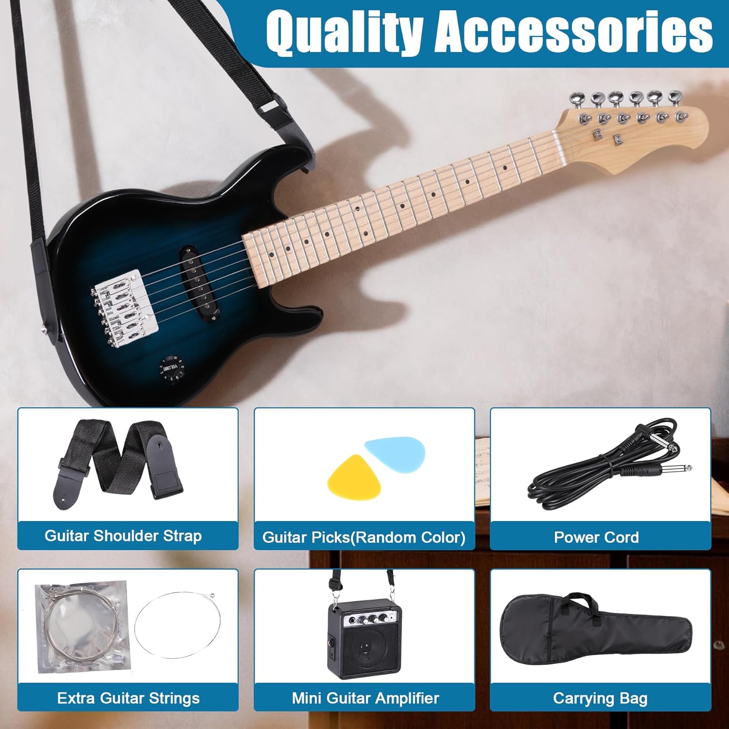 30 Inch Kids Electric Guitar, Complete Beginner Kits with 5W Amplifier, Picks, Gig Bag, Strap, Cable & Accessory Kit for Kids/Girls/Boys/Starters, Blue