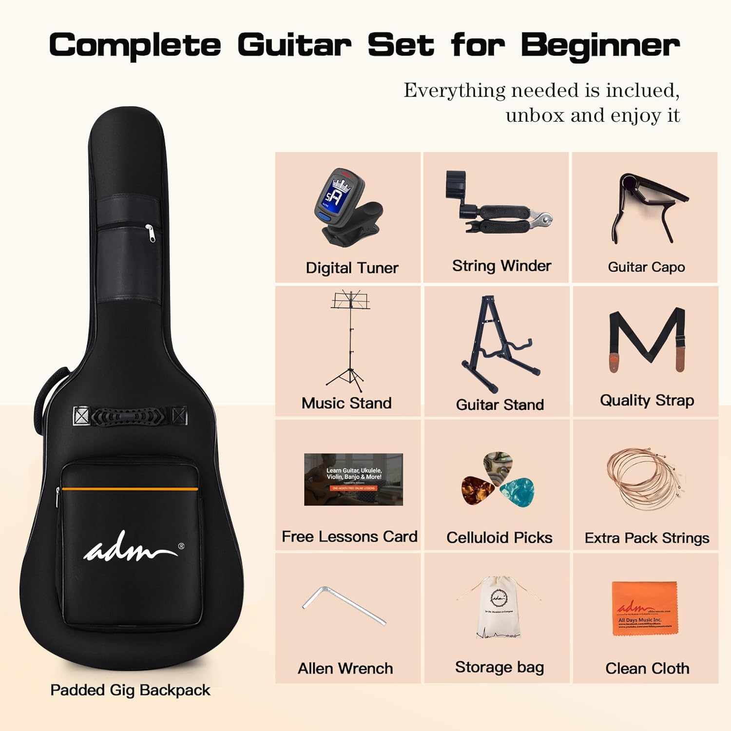 ADM Dreadnought Acoustic Guitar Kit with Free Lesson for Beginner Adult Teen Full Size Acustica Guitarra Starter Bundle Set w/Bag Strap Tuner Capo Pickguard Music Stand Right Hand(Sunburst, 41 Inch)