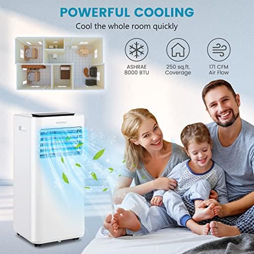 COSTWAY 8000 BTU Portable Air Conditioner, 3 in 1 AC Unit, Fan & Dehumidifier w/Sleep Mode, 24H Timer, LED Display, Child Lock, Remote Control & Window Kit for Bedroom, Office, Dorm (8000BTU)