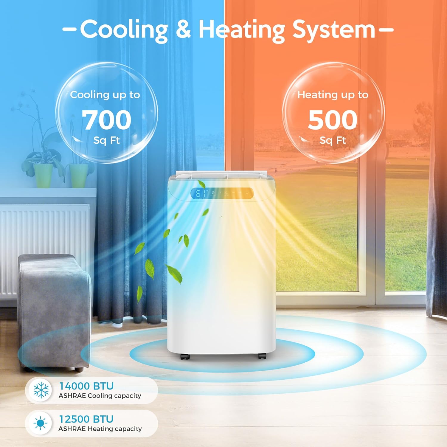 14000 BTU Portable Air Conditioners with Heater, Remote Control, 4-in-1 Free Stand Smart Cooling AC Unit with Heating, Dehumidifier, Fan Mode for 550 to 700 sq.ft Room,Auto Swing,Timer,White