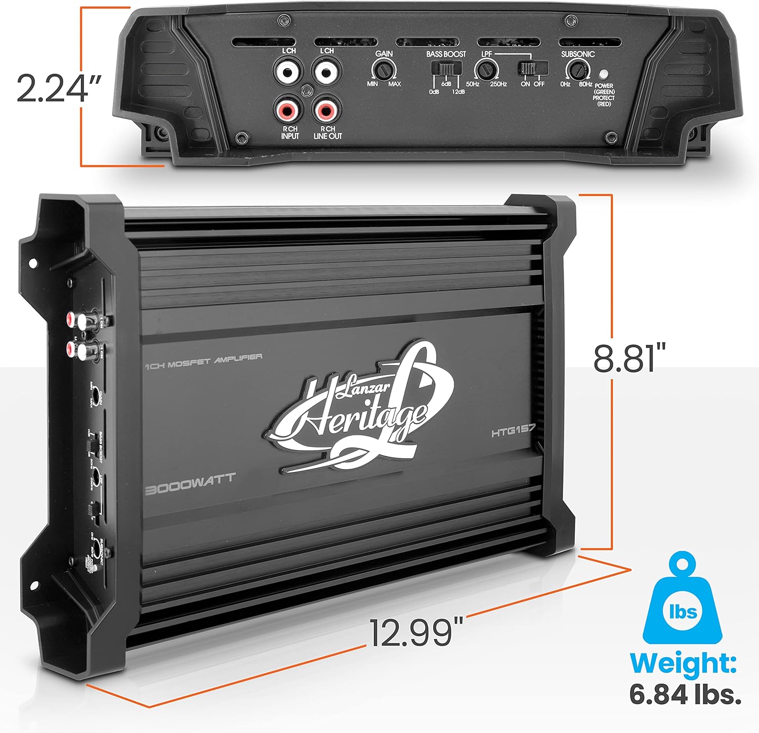 Lanzar 3000 Watt 2-Ohm Stable Monoblock Mosfet Amplifier, High-Power Car Audio Amp with Electronic Crossover Network, Bass Boost Circuit, Low Pass Filter Controls, and Nickel RCA Inputs, 13