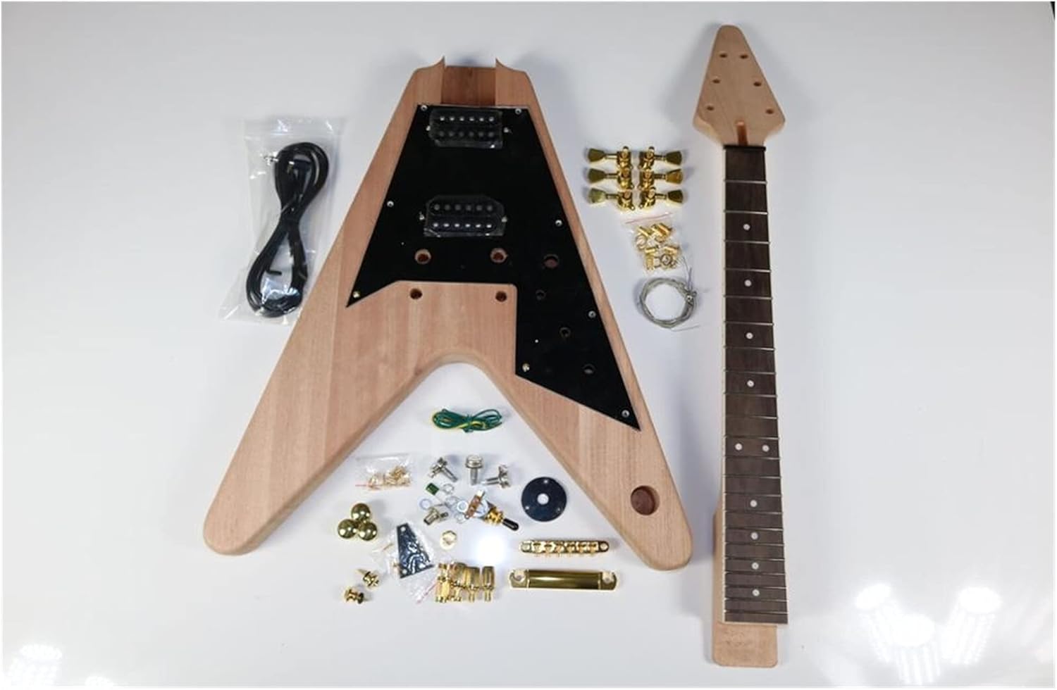 Unfinished Guitar Kit 1set Electric Guitar Kit 22 Guitar Neck Guitar Body Mahogany Rosewood V Shape Handmade ​Guitar Body