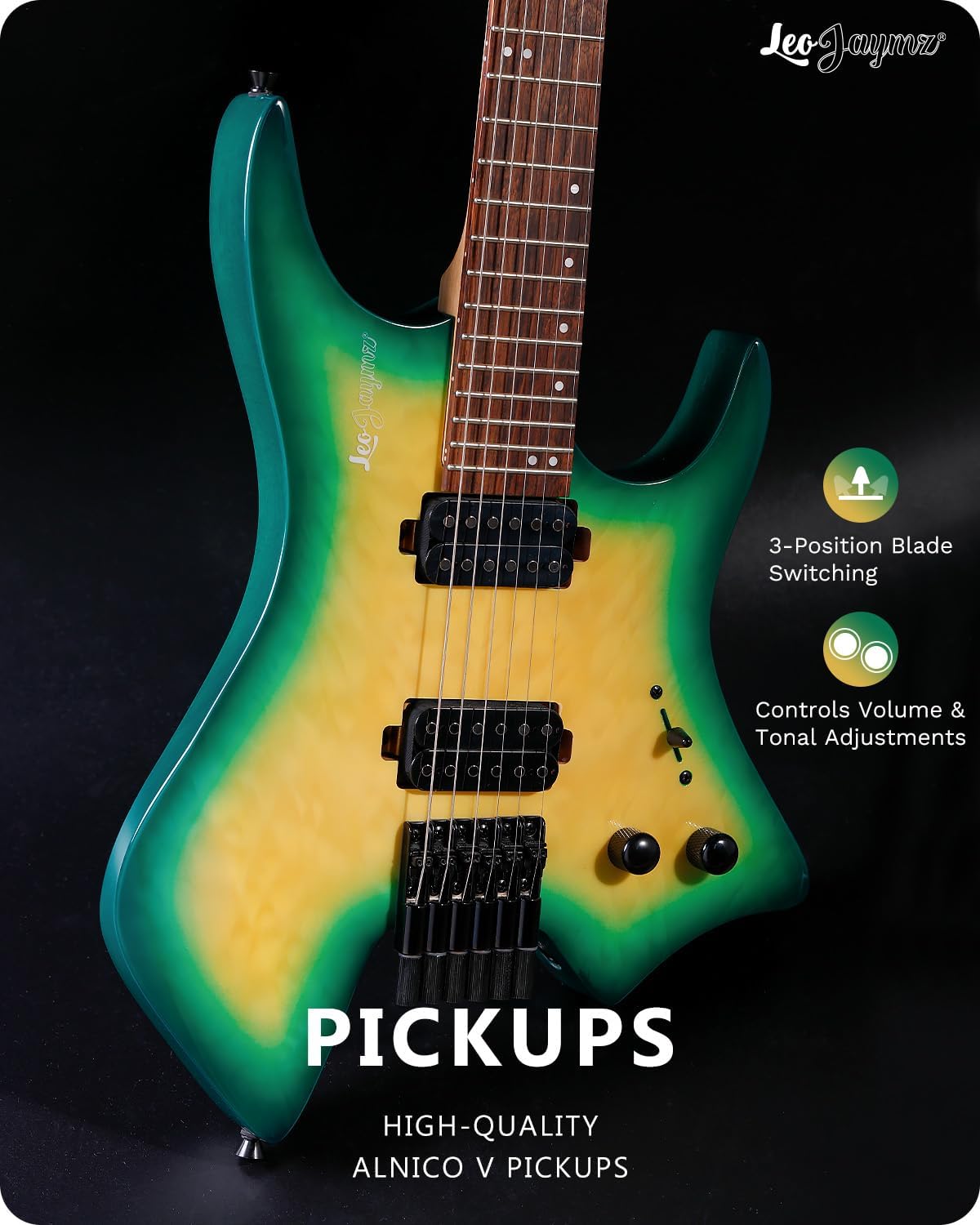 Leo Jaymz Electric Guitar, 6-String, Maple Neck, Headless Design, Right-Handed (Yellow Green Ocean)