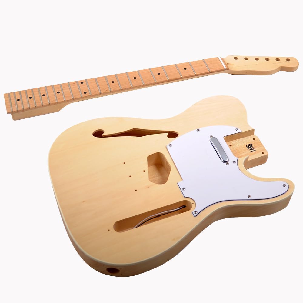 RSW DIY Electric Guitar Kit - Semi-Hollow Body with F-Hole - Pre-Wired Electronics (No Soldering) - Unfinished Basswood T-Style Guitar Building Project for Beginners