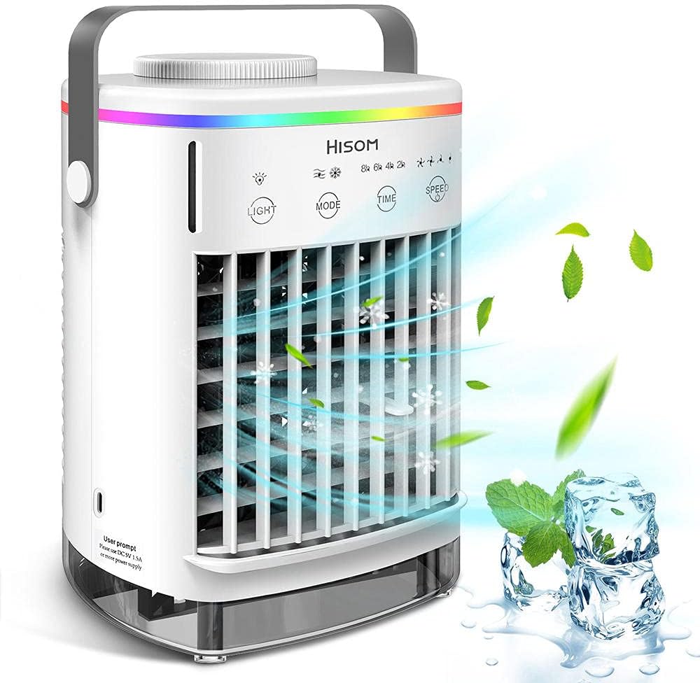 Portable Air Conditioner,Evaporative Air Conditioner Fan with Water Tank Camping AC Unit,Personal Air Cooler Desktop 4 Speeds 8H Timer 7 Colors-White