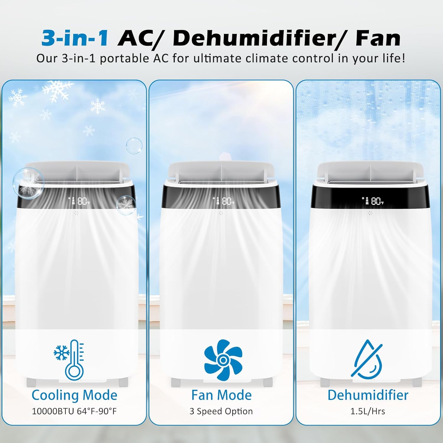 10000 BTU Portable Air Conditioners Cool Up to 450 Sq.Ft, 3 IN 1 Portable AC Unit with Dehumidifier & Fan Mode/Remote Control/LED Display/ 24Hrs Timer/Window Installation Kit for Room Indoors