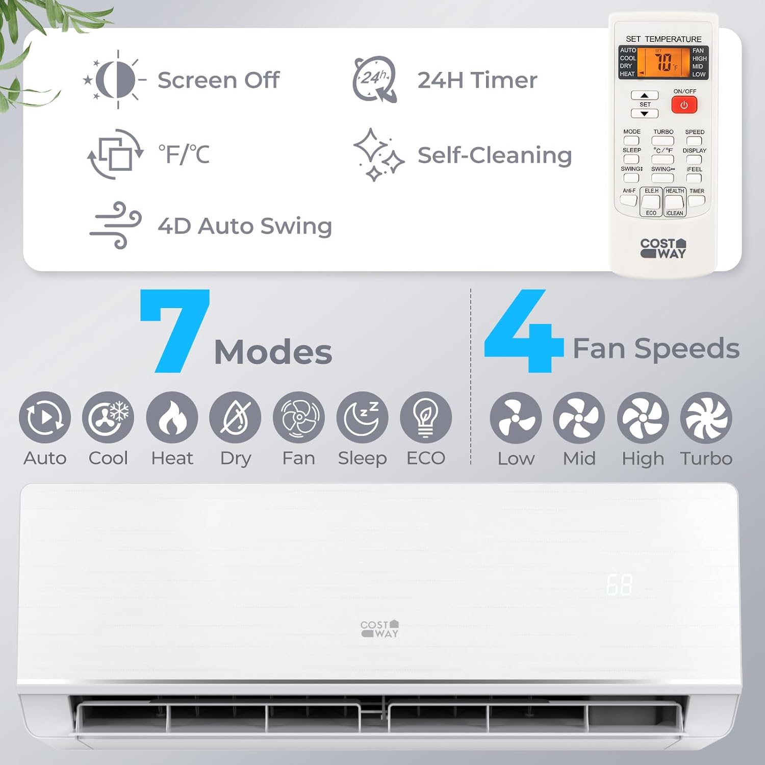 COSTWAY 12000 BTU Mini Split Air Conditioner & Heater, 208-230V WiFi Enabled 24 SEER2 Ductless Inverter AC Unit, Works w/Alexa, Cools Rooms Up to 750 Sq.Ft