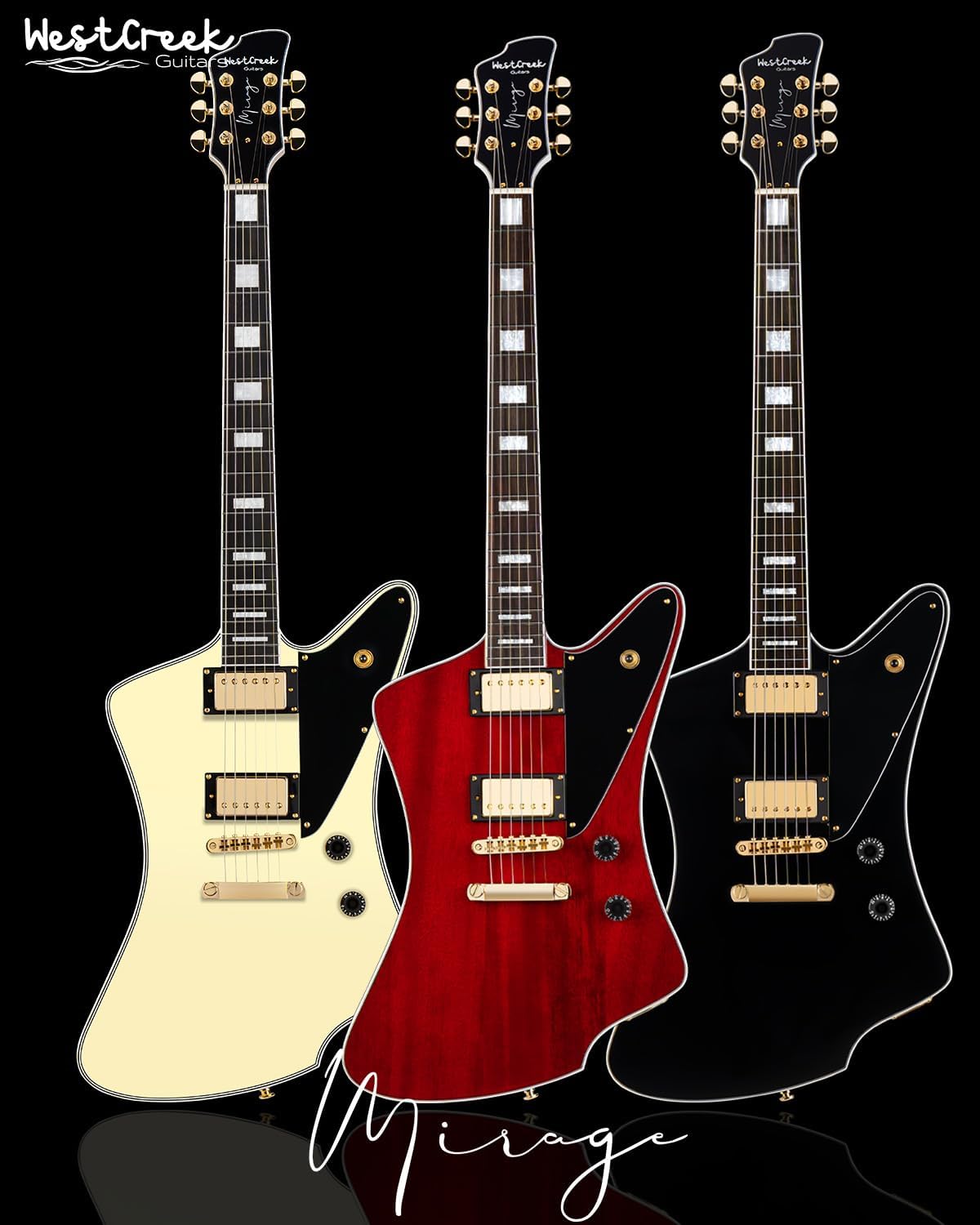 WestCreek Mirage Solid Body Electric Guitar, Mahogany Body, Maple Neck, Rosewood Fretboard, Rounded End Frets, Bone Nut (Glossy Obsidian Black)