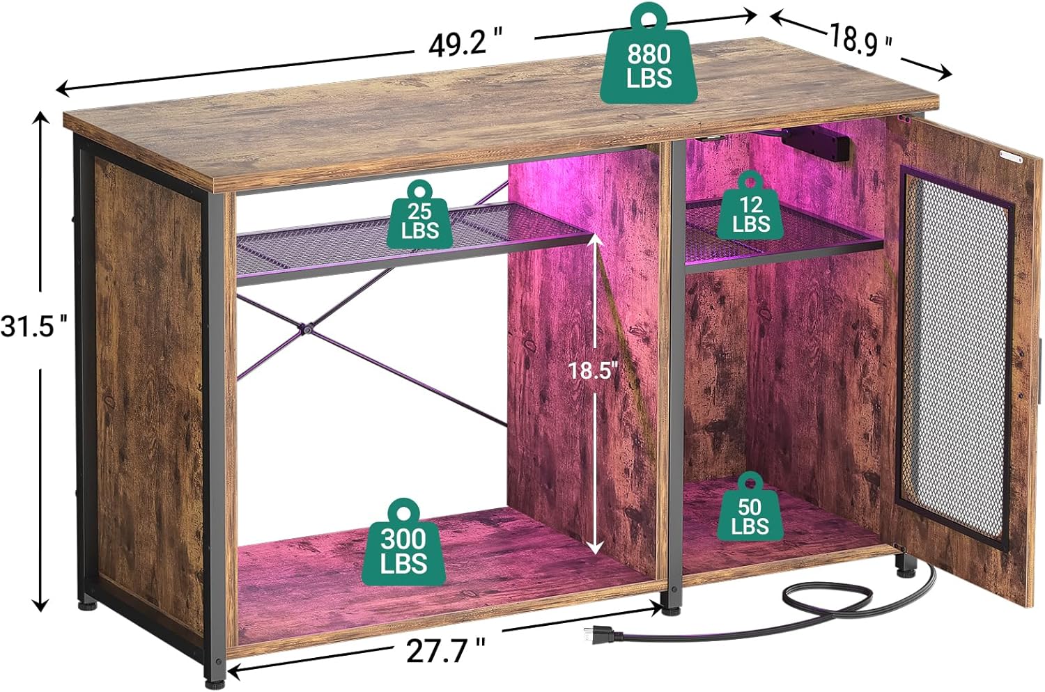 Unikito 55-75 Gallon Aquarium Stand with Power Outlets & LED Light, Reversible Fish Tank Stand with Cabinet for Fish Tank Accessories Storage, Heavy Duty Metal Frame, 880LBS Capacity, Rustic Brown