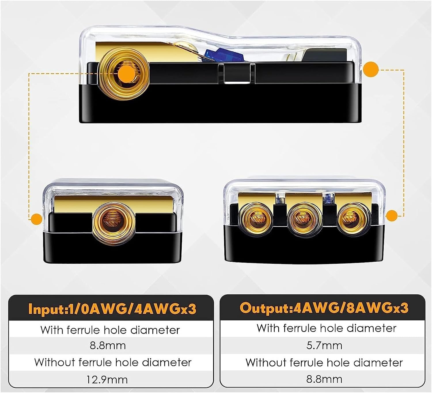 2/3/4 Way ANL Fuse Holder, Copper 0/2/4 Gauge to 4/6/8 60 Amp Distribution Block for Car Stereo Amplifier(3 Way)
