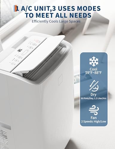 14,000 BTU Portable Air Conditioners,3 in-1 Portable AC Unit with Cools/Fan/Dehumidifier,Room Air Conditioners up to 750 sq.ft,Remote Control,24H Timer,for Room Office Garage Car