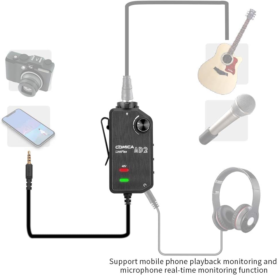 LinkFlex AD2 XLR /6.35mm-3.5mm Microphone Preamp Amplifier Audio Adapter Universal Replacement for Camera Smartphone Guitar Interface