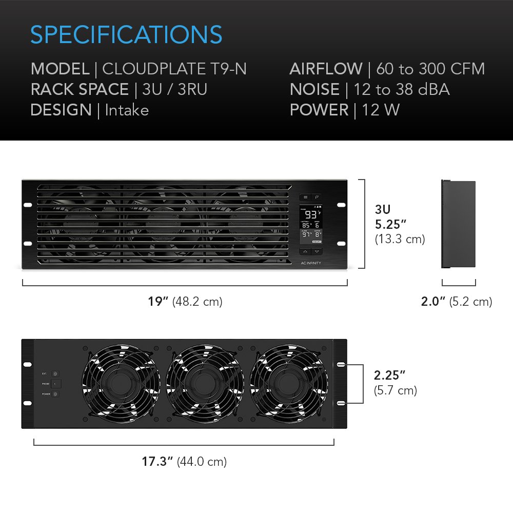 AC Infinity CLOUDPLATE T9-N, Rack Mount Fan Panel 3U, Intake Airflow, for Cooling AV, Home Theater, Network 19” Racks