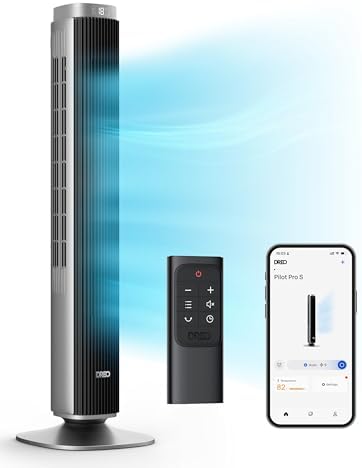 Dreo Tower Fan for Bedroom, Standing Oscillating Fan with 40ft Far Airflow, 25dB Quiet, 12 Speeds, 28ft/s Velocity, Smart Control, DC Motor, 42 inch, 90° Oscillation, 4 Modes, 12H Timer, Pilot Pro S