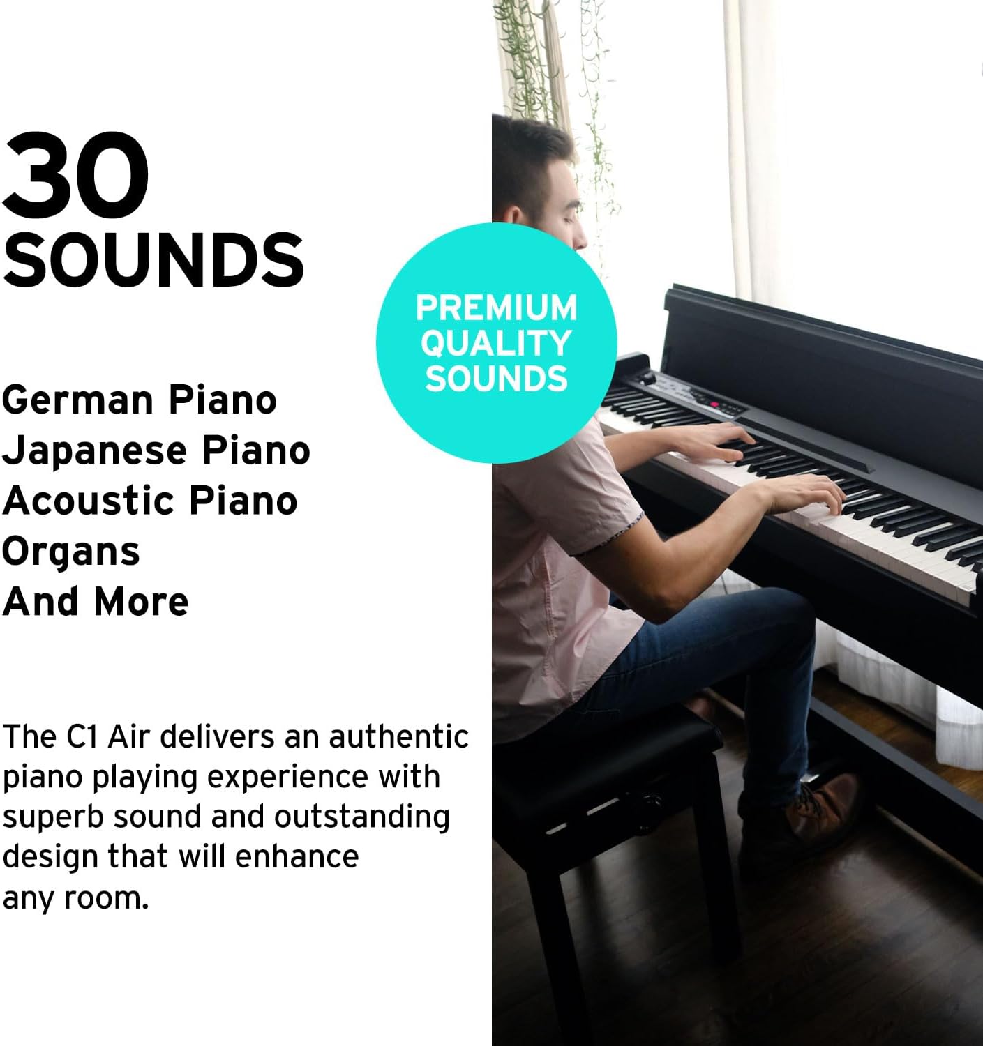 Korg C1 Air Bluetooth 88 Key Digital Piano with Real Weighted Hammer Action 3 Keyboard, Black with Rosewood Grain