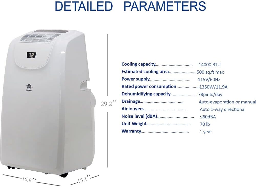 14,000 BTU Portable Air Conditioner with Dehumidifier for Living Room and Basement, 115V, A/C Portable Air Conditioner for Medium to Large Rooms up to 500 Sq.Ft. with Remote Control, White
