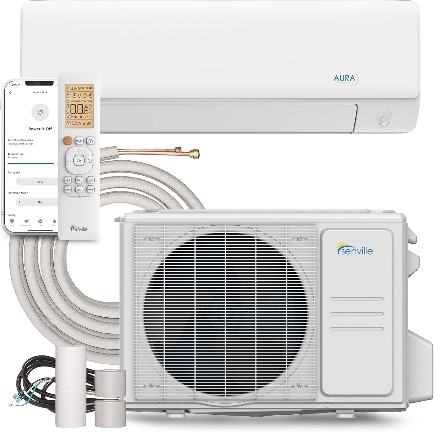 Senville AURA Series Mini Split Air Conditioner Inverter Heat Pump, 15000 BTU, Compatible with Alexa, Energy Star, White