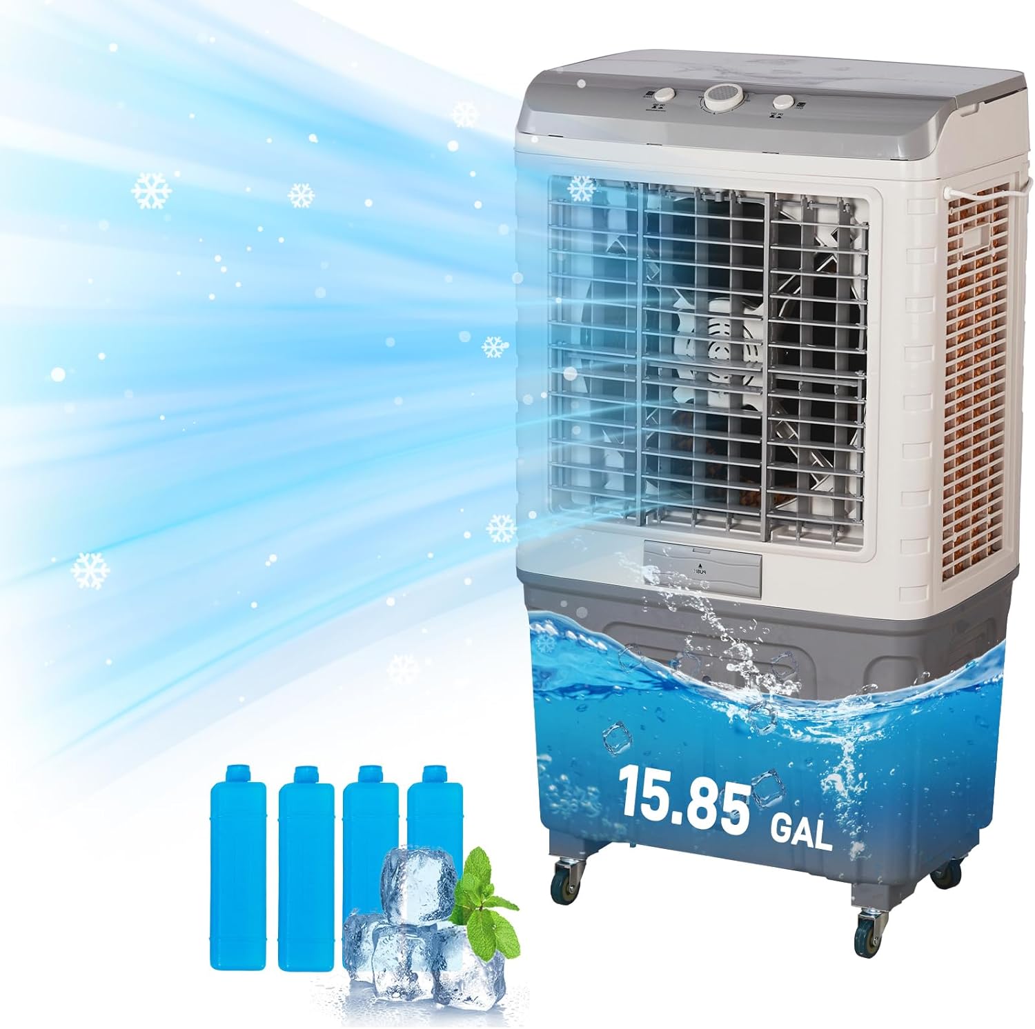 Portable Air Conditioners, 3 in 1 Portable Evaporative Cooler with 15.85 Gal Large Water Tank & Scroll Casters, 4 Ice Packs, Cooling Fan for Bedroom, Living Room, Office