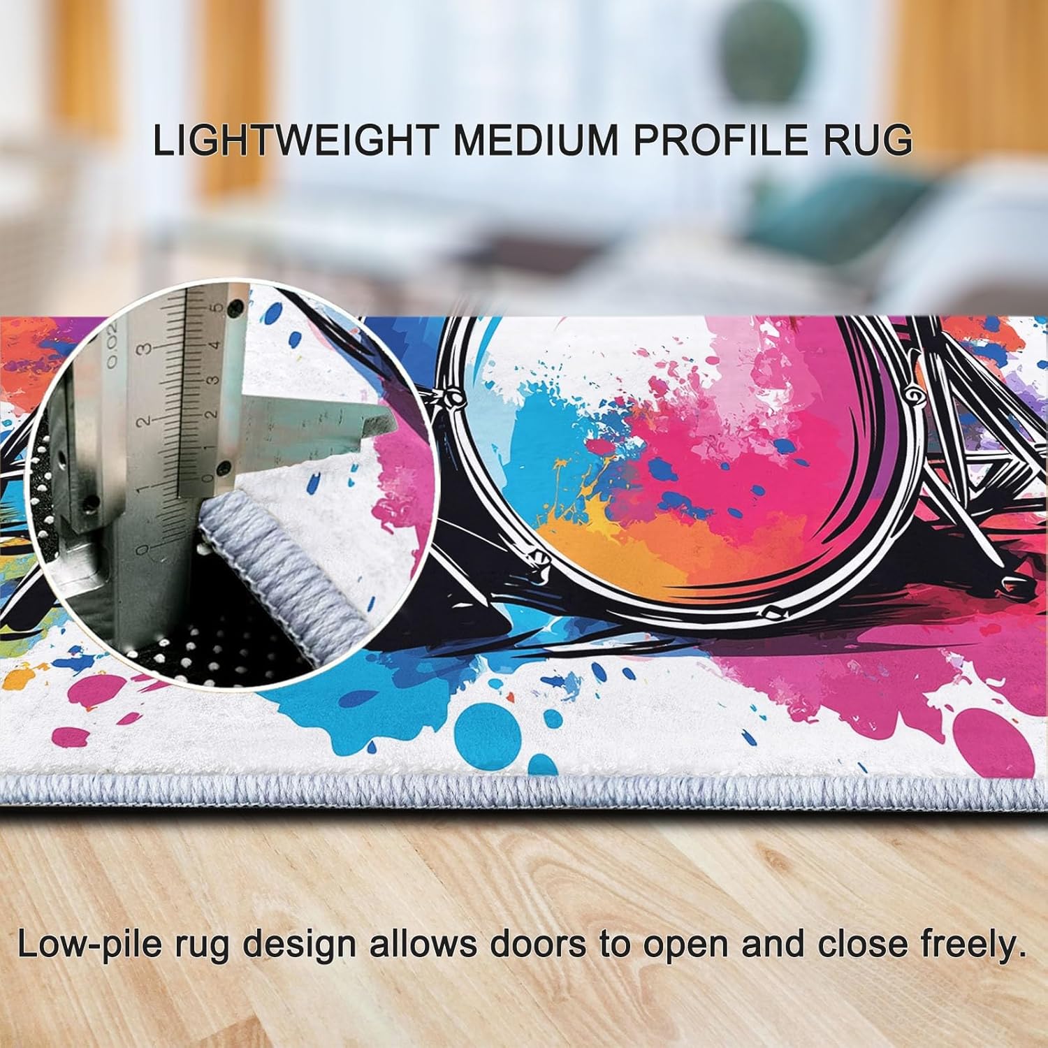 Music Drum Set Area Rug for Living Room, 8 X 10 Ft Machine Washable Area Rug Non-Slip Stain Resistant Carpet, Low-Pile Indoor Floor Carpet for Bedroom Office Dining Home Decor, Graffiti