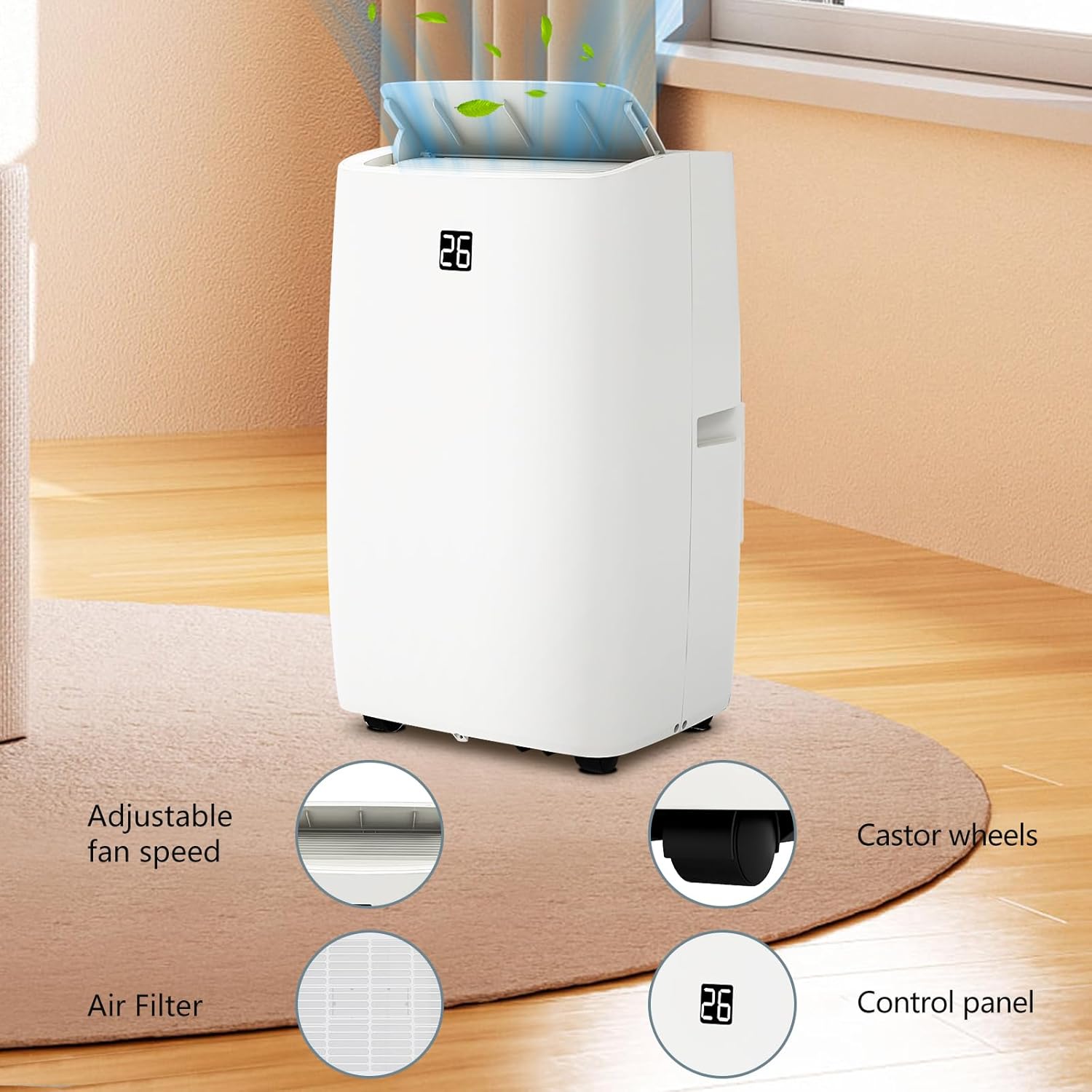 12000 BTU Portable Air Conditioner, Cools Rooms Up to 550 Sq.Ft, 3-in-1 Function with Cooling, 3 Fan Speeds & Remote Control, 24h Timer for Customized Use, Ultra-Quiet Operation, Sleek White and Black