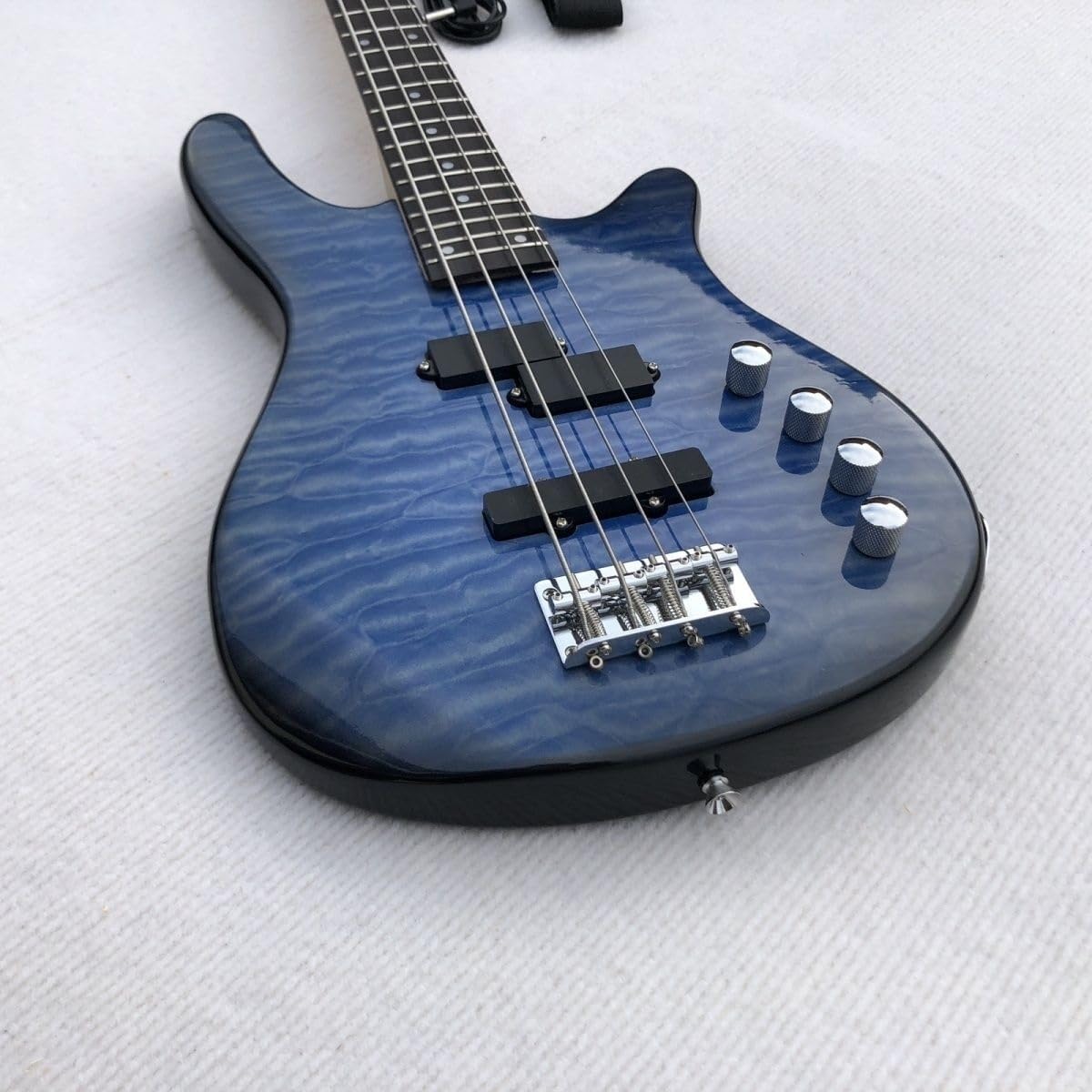 Electric Bass Guitar 4 String 24 Frets Full Size Pickups Blue Tiger Flame Burst Solid Basswood Body for Beginners